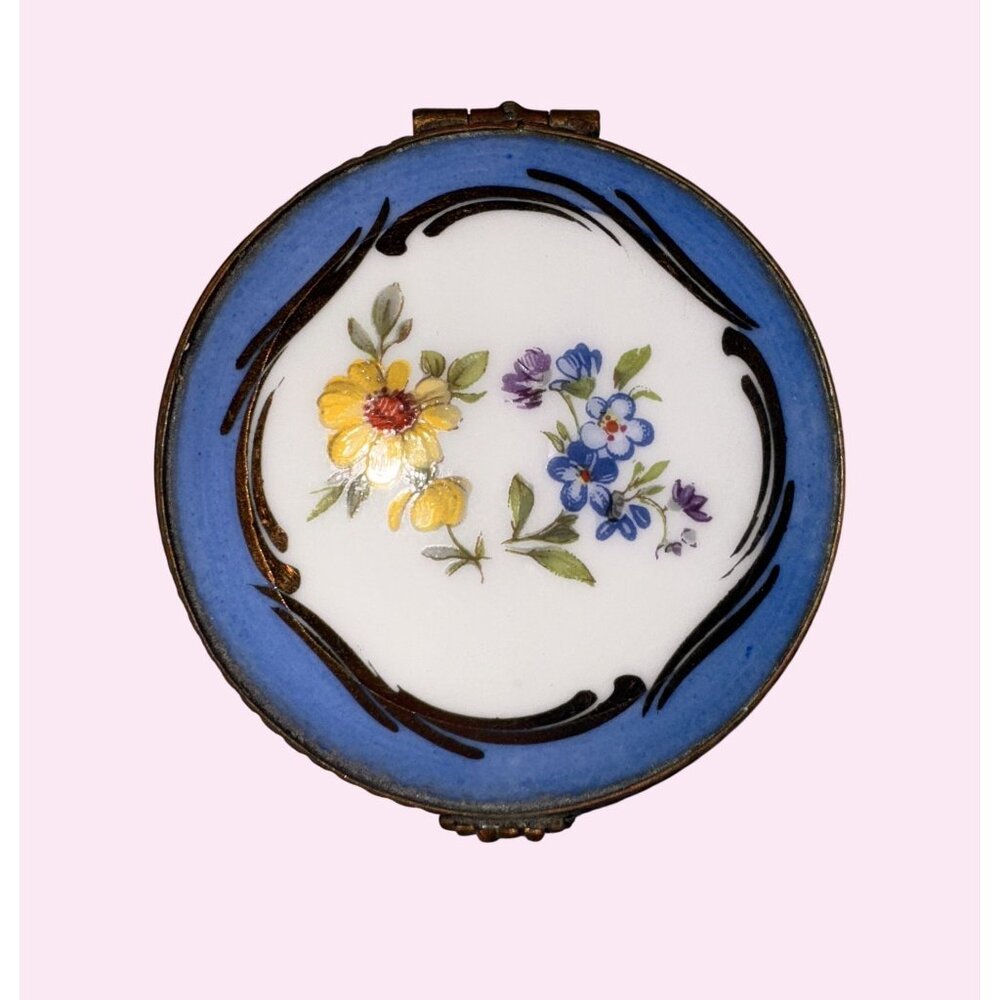 Limoges France Ceramic Trinket Box With Floral Design & Gold Accents
